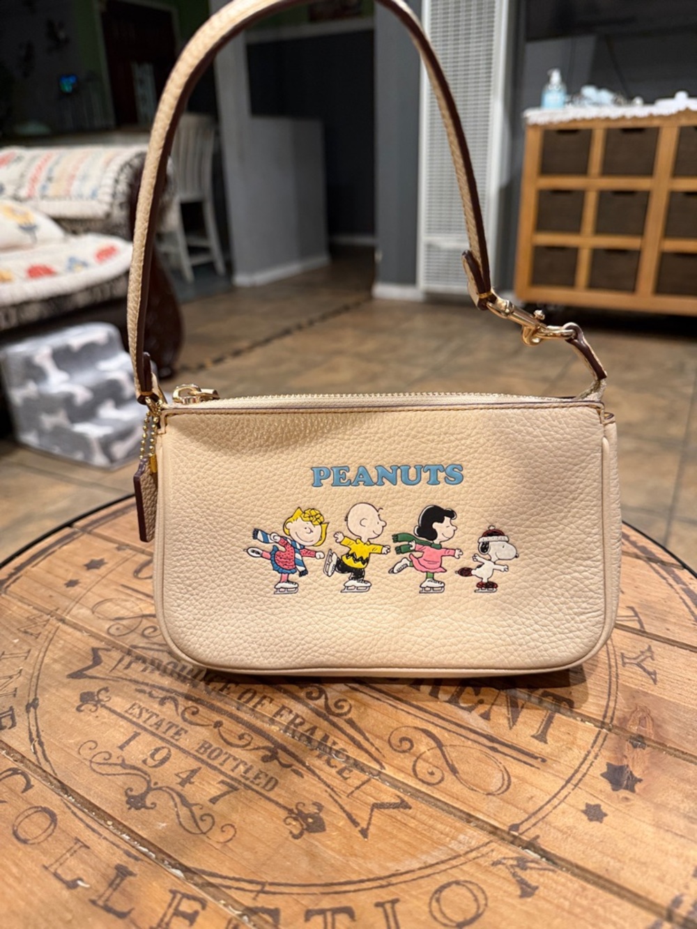 Coach Beige Leather Peanuts Shoulder Bag with Character Graphic